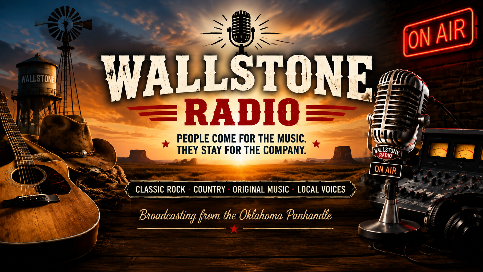 Wallstone Radio banner over a Panhandle sunset with guitar, windmill and microphone